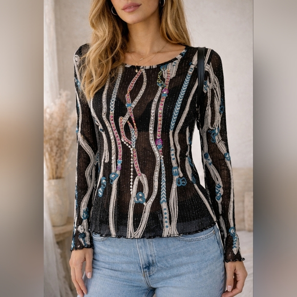 A.Z.I Tops - AZI Jeans Sheer Mesh Belt Print Beaded Y2K Top Size M